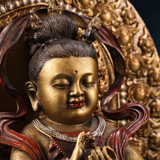 Late 20th Century Late 20th Century Gilt Painted Bronze Manjushri Bodhisattva Sculpture Seated on Lion For Sale - Image 5 of 9