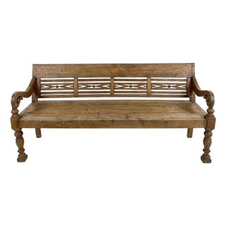 Vintage Mediterranean Hand-Carved Teak Garden Bench For Sale