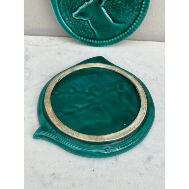 Mid-Century Modern Mid-Century Green Majolica Deer Wine Coaster Bottle Vallauris-A Pair For Sale - Image 3 of 3