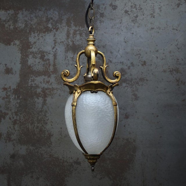 French Art Nouveau Brass and Etched Glass Lantern Pendant Light, 1920s For Sale - Image 6 of 12