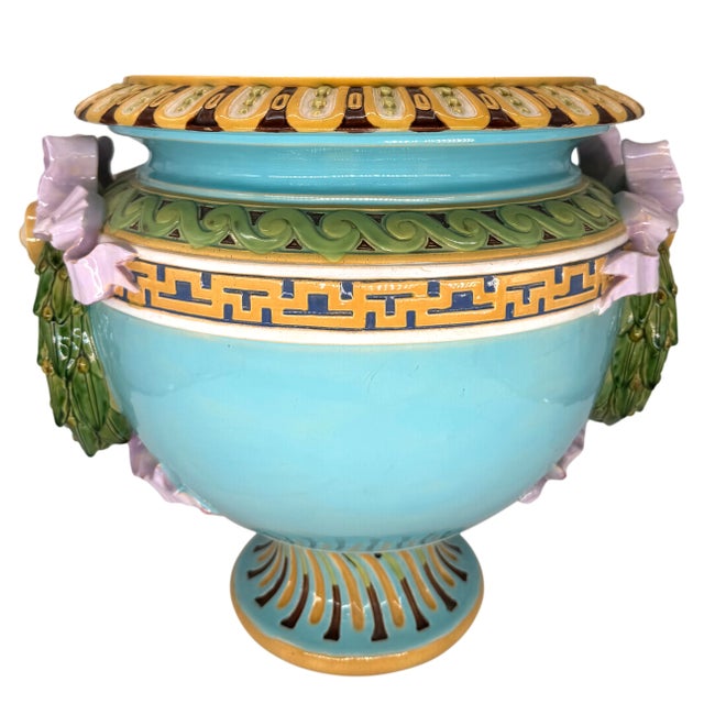 Victorian A Minton Majolica Neoclassical Jardiniere With Laurel Wreaths, English, Ca. 1868 For Sale - Image 3 of 12
