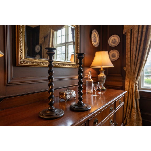 12.5” Antique English Oak Barley Twist Candlesticks With Brass Inserts - Pair For Sale - Image 14 of 14