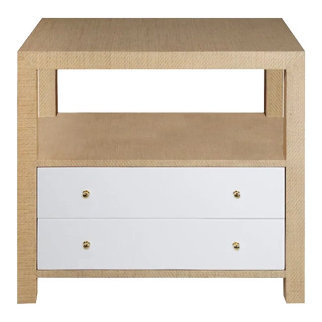 Matthew Izzo Home - Hattie Natural Oak Two Drawer Side Table With White Linen Drawers and Brass Hardware For Sale