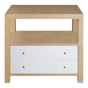 Matthew Izzo Home Hattie Natural Oak Two Drawer Side Table With White Linen Drawers and Brass Hardware