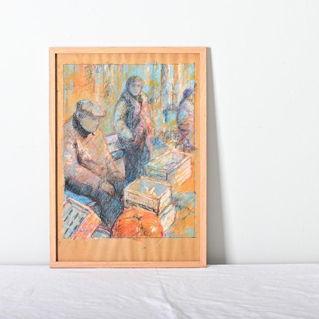 French vintage (later 20th century) framed pastel portrait on ribbed kraft paper of two merchants in a farmer's market...