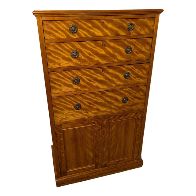 Antique Tiger Maple Gentleman’s Chest of Drawers Late Victorian Curly Maple Chiffonier Refinished Fiddleback Wood Tallboy Cabinet 53" For Sale