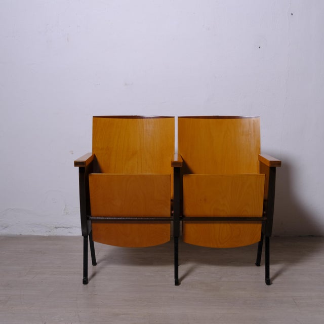 Brown Two-Seater Cinema Armchair Bench in Numbered Two-Tone Wood, 1960s For Sale - Image 8 of 18