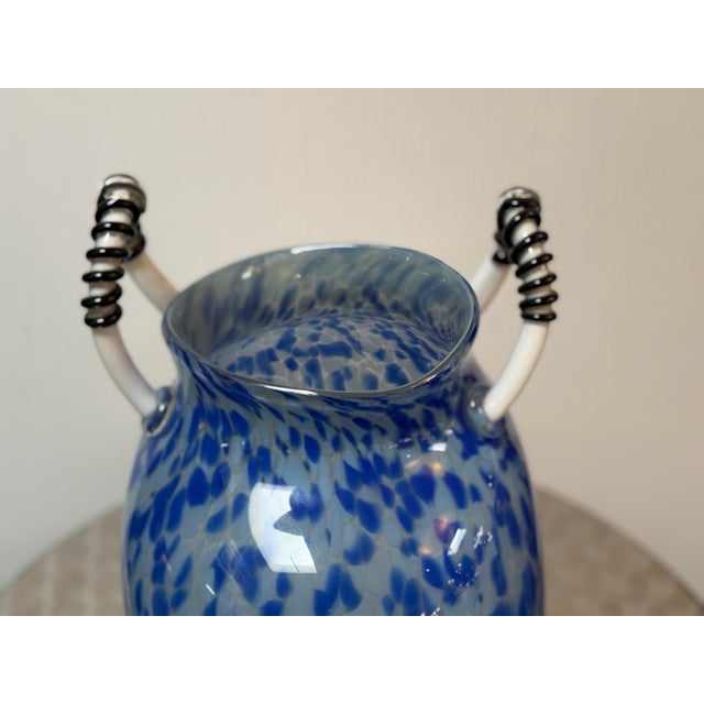 Blue Circa 2000 Michael Fod Speckled Blue With White & Black Handles Vessel, Signed For Sale - Image 8 of 12