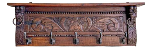 Antique Carved Oak Wall Mounted Coat Rack with Lion Heads, 1920s
