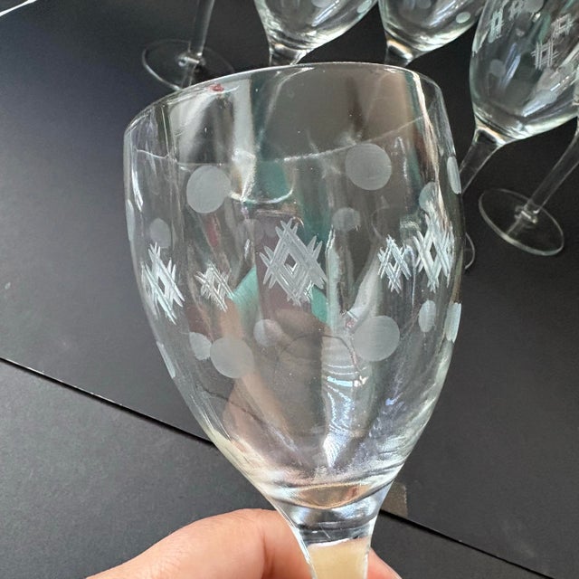 Glass Vintage Wine Glasses by Standard Glass Co in the Criss Cross & Punties Pattern – Set of 6 Gobblets - Art Deco Depression Glass – 7.25" For Sale - Image 7 of 9