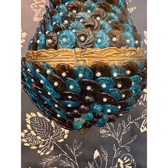Turquoise 1940’s Dore Bronze Sconce Cages With Beaded Glass in the Style of Ercole Barovier, a Pair For Sale - Image 8 of 12