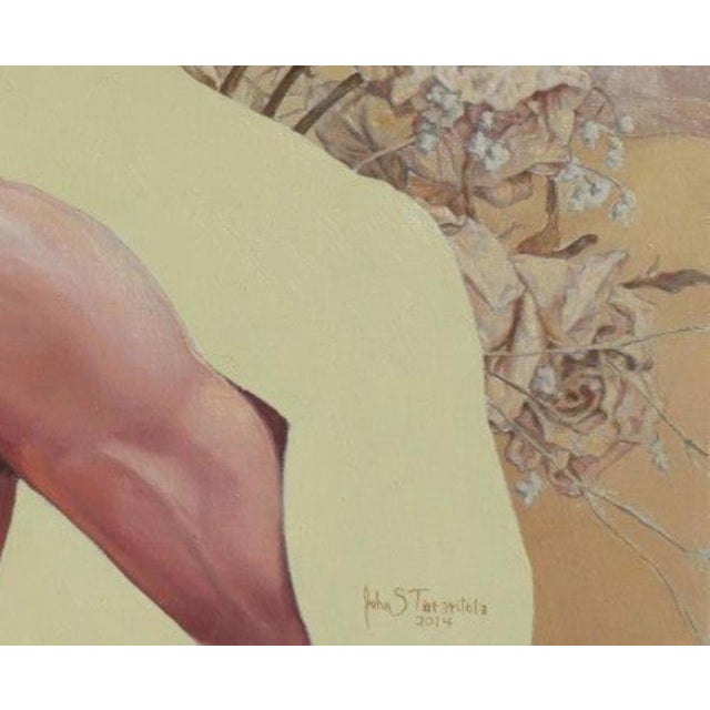This oil on panel artwork features a striking portrayal of a male figure, captured in an intimate moment that balances...
