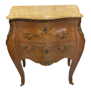 Vintage French Louis XV Style Marquetry Bombe Chest With Marble Top