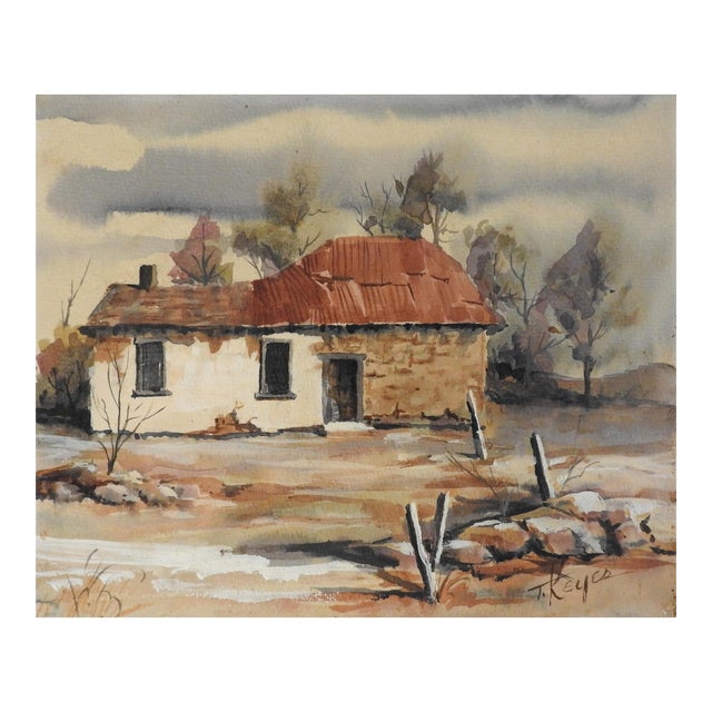 Late 20th Century Tom Keyes Rustic Adobe Farmhouse Painting For Sale