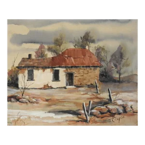 Late 20th Century Tom Keyes Rustic Adobe Farmhouse Painting