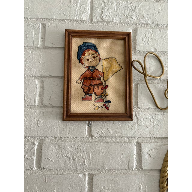 Textile Vintage Cottage Core Cross Stitch, Needlepoint, Embroidered Framed Art of Little Boy & Kite, Textile Art For Sale - Image 7 of 8
