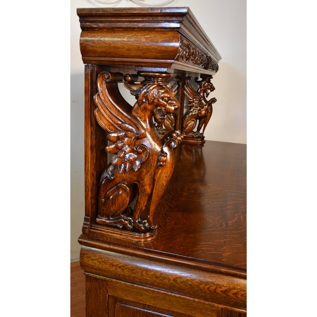 1890s Antique Rj Horner Tiger Oak Carved Winged Griffin Server Buffet Sideboard For Sale - Image 13 of 17