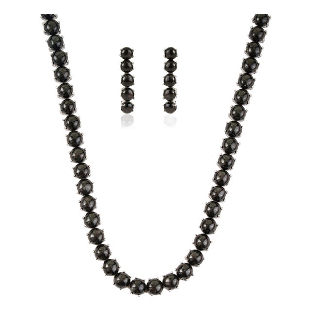 Victorian Style 147.37 Ct Black Star Cabochon Tennis Necklace With Drop Earrings Set - 3 Pieces For Sale