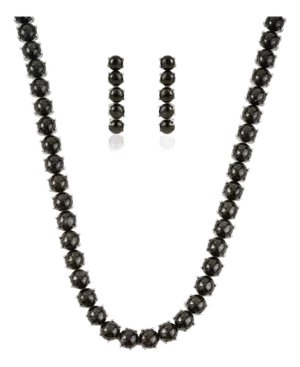 Victorian Style 147.37 Ct Black Star Cabochon Tennis Necklace With Drop Earrings Set - 3 Pieces