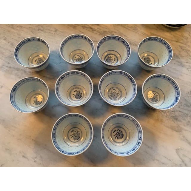 Mid 20th Century Vintage Blue & White Chinese Porcelain Tea or Sake Cups Set of 10 For Sale - Image 5 of 10