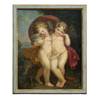 French Artist, Neoclassical Pair of Winged Cherubs in a Landscape, 18th Century, Oil Painting on Panel For Sale
