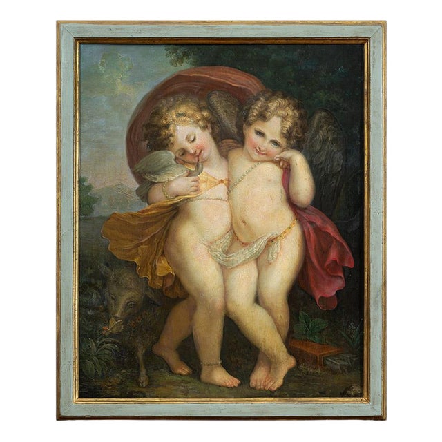 French Artist, Neoclassical Pair of Winged Cherubs in a Landscape, 18th Century, Oil Painting on Panel For Sale