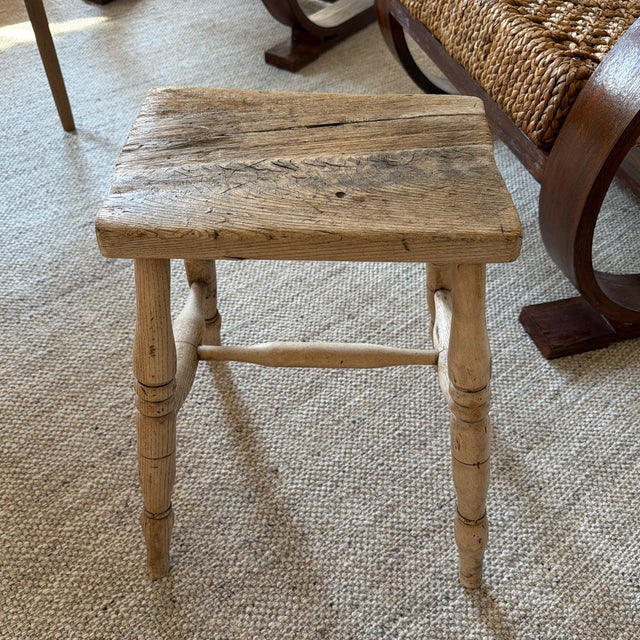 19th Century English Rustic Weathered Wooden Stool With Turned Legs For Sale - Image 4 of 11