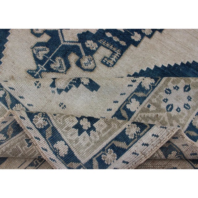 Vintage Hand Knotted Turkish Oushak Rug With Central Medallion in Blue and Cream For Sale - Image 11 of 13