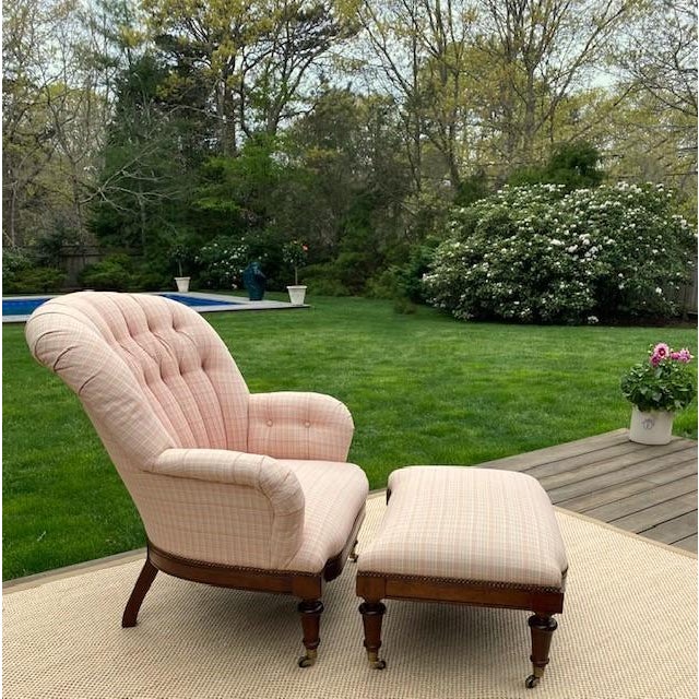 Oscar de la Renta Custom Tufted Wingback Chair and Ottoman in Pink by Oscar De La Renta For Sale - Image 4 of 12