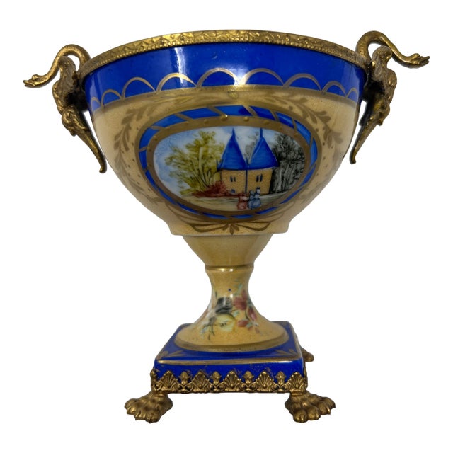 Mid 20th Century French Limoges Neoclassical Porcelain Urn With Gilt Bronze Swan Handles For Sale