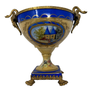 Mid 20th Century French Limoges Neoclassical Porcelain Urn With Gilt Bronze Swan Handles