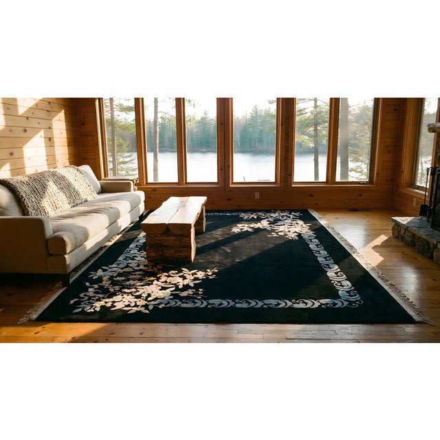 1930s Antique Black Color Minimalist Open Field Chinese Art Deco Rug For Sale - Image 9 of 9