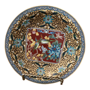 Vintage Chinese Solid Brass Champleve Enamel Plate Imari Style Pattern