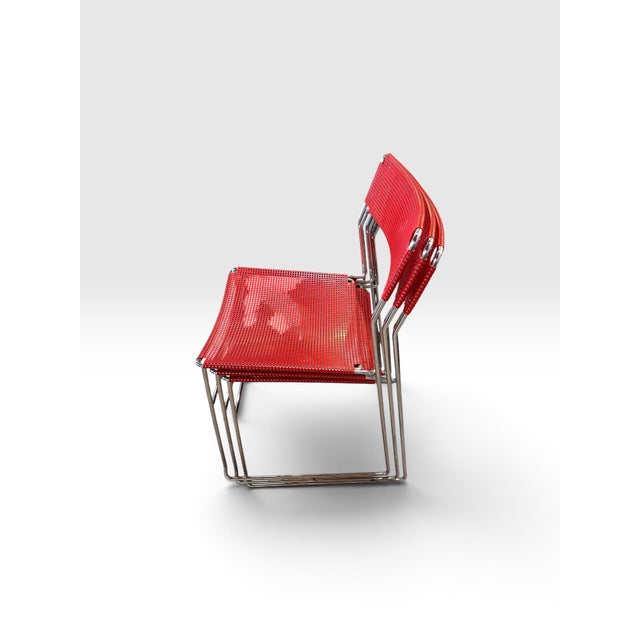 Vintage 1970s Red Perforated Mesh & Chrome Stacking Dining Chairs – Set of 3 For Sale In West Palm - Image 6 of 10