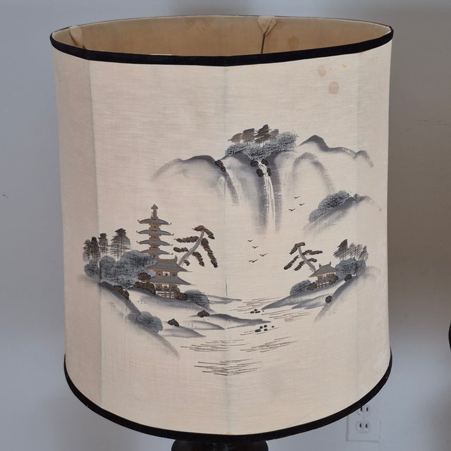 Mid 20th Century Mid-20th Century Signed Japanese Oversized Etched Bronze Table Lamps W/ Original Hand Painted Shades, a Pair For Sale - Image 5 of 13