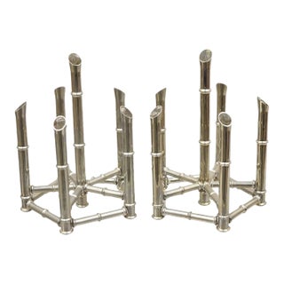 Vintage Hollywood Regency Silver Plated Chrome Faux Bamboo Candlesticks - A Pair For Sale