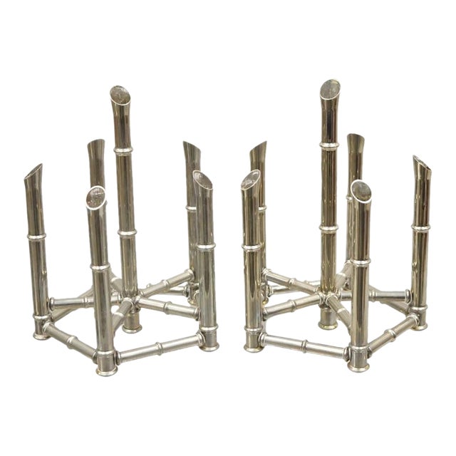 Vintage Hollywood Regency Silver Plated Chrome Faux Bamboo Candlesticks - A Pair For Sale