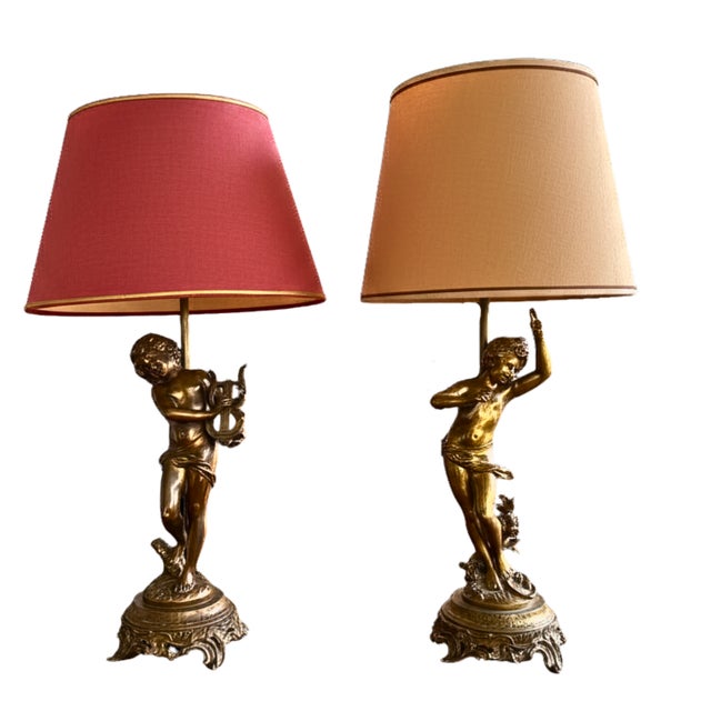 Gold French Gilt Bronze Putti Lamps by Aug. Moreau, 1890s, Set of 2 For Sale - Image 8 of 8