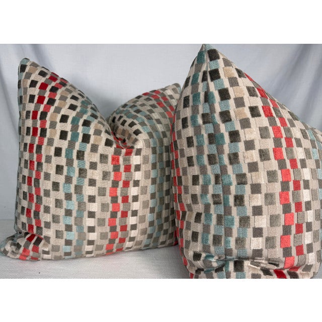 Transitional Cut Velvet Epingle Velvet in Coral/Aqua/Beige 22" Pillows-a Pair For Sale - Image 3 of 3