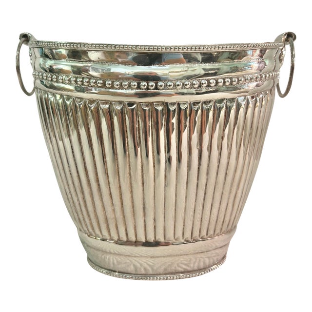 Late 20th Century Regency Style Fluted Silver Plate Champagne Bucket With Ring Handles and Beaded Trim For Sale