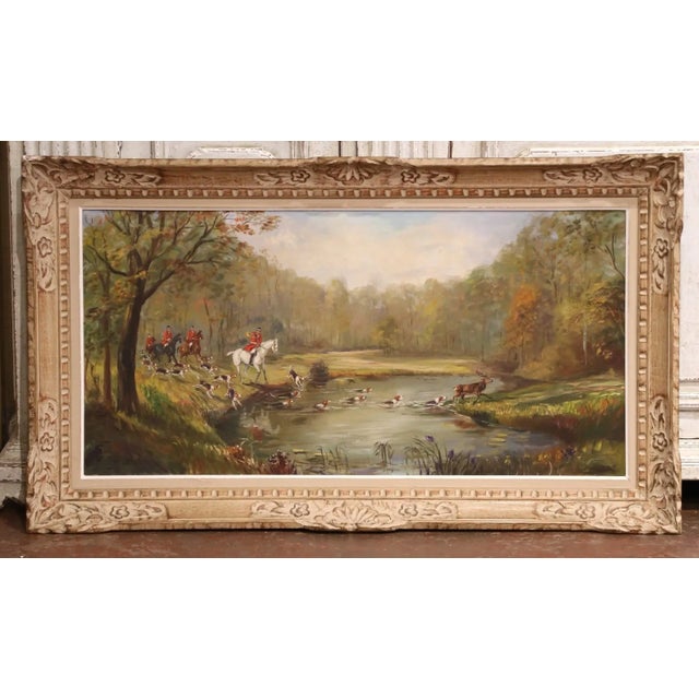 Early 20th Century Mid-Century French Stag Hunt Oil Painting in Carved Frame Signed M. Pol For Sale In Dallas - Image 6 of 11