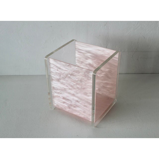 Vintage Mid-Century Acrylic Lucite Pink Mother of Pearl/Marble Effect Rectangular Wastebasket For Sale In Miami - Image 6 of 13