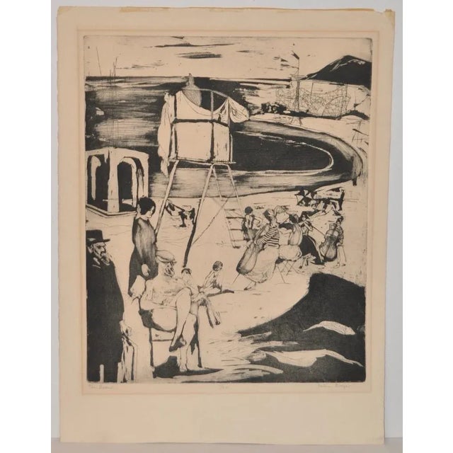 Helen Breger (1918-2103) Etching "The Beach" c.1950 Brilliant etching by noted Bay Area artist Helen Breger titled "The...