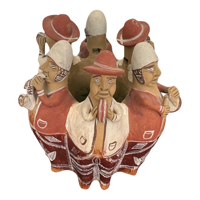 Vintage Peruvian Quinua Style Terracotta Folk Art Sculpture of Andean Musicians For Sale