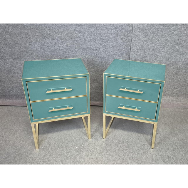 Handmade Wood Azure Bedside Tables with Brass Edging, Set of 2 For Sale - Image 6 of 9