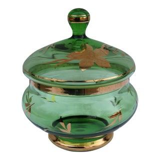 Vintage Green With Gold Accents Glass Covered Candy Dish Made in Romania For Sale