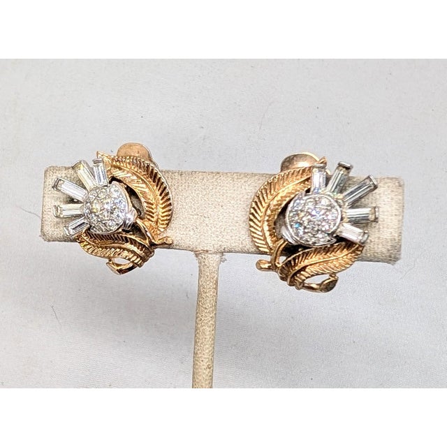 Trifari Vintage 1954 Signed Crown Trifari Goldtone Clear Rhinestone "Thistle" Clip Earrings-2 Pieces For Sale - Image 4 of 8