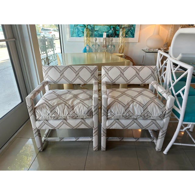 Milo Baughman Vintage Pair of Newly Upholstered Palm Beach Club Parsons Arm Chairs Armchairs For Sale - Image 4 of 13