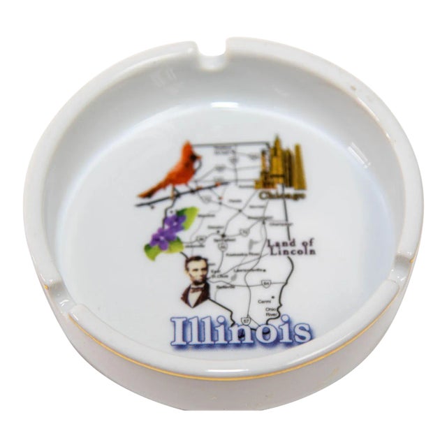 1980 Post Modern Ashtray Illinois Land of President Lincoln Round Ceramic Dish For Sale