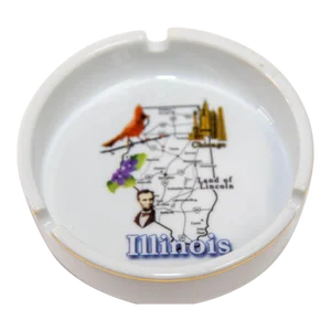 1980 Post Modern Ashtray Illinois Land of President Lincoln Round Ceramic Dish